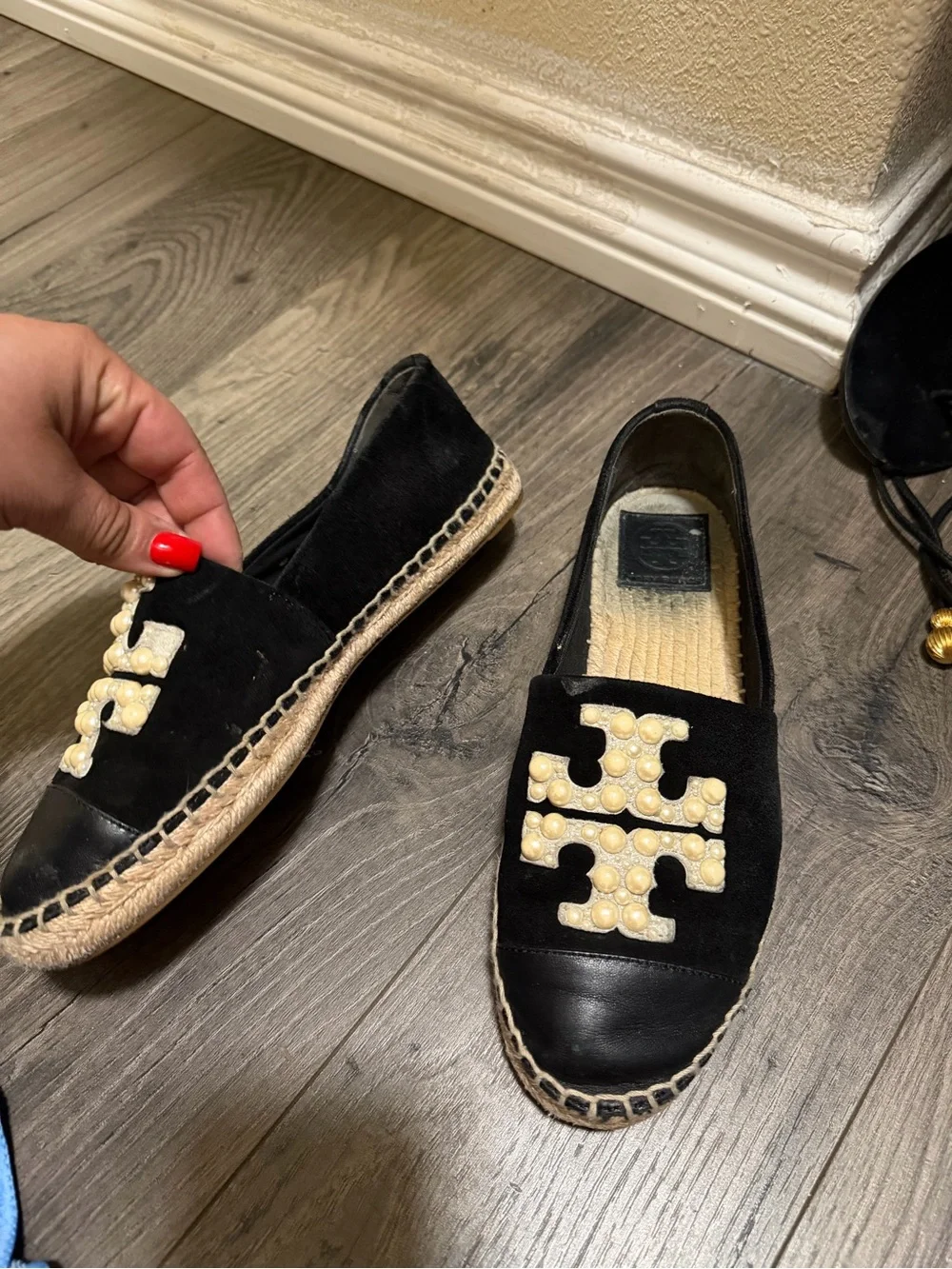Tory Burch Black Pearl-Embellished Espadrille Flats